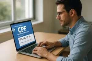 Nome do arquivo: data-de-nascimento-pelo-cpf-consulta.webp Pessoa realizando consulta de CPF em notebook com foco na tela