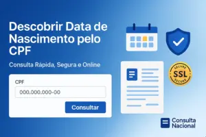 Imagem destacada mostrando formulário digital para consultar data de nascimento pelo CPF, com selo de segurança SSL, ícone de calendário e logotipo da Consulta Nacional. Fundo azul moderno, destaque para confiança, segurança e praticidade.